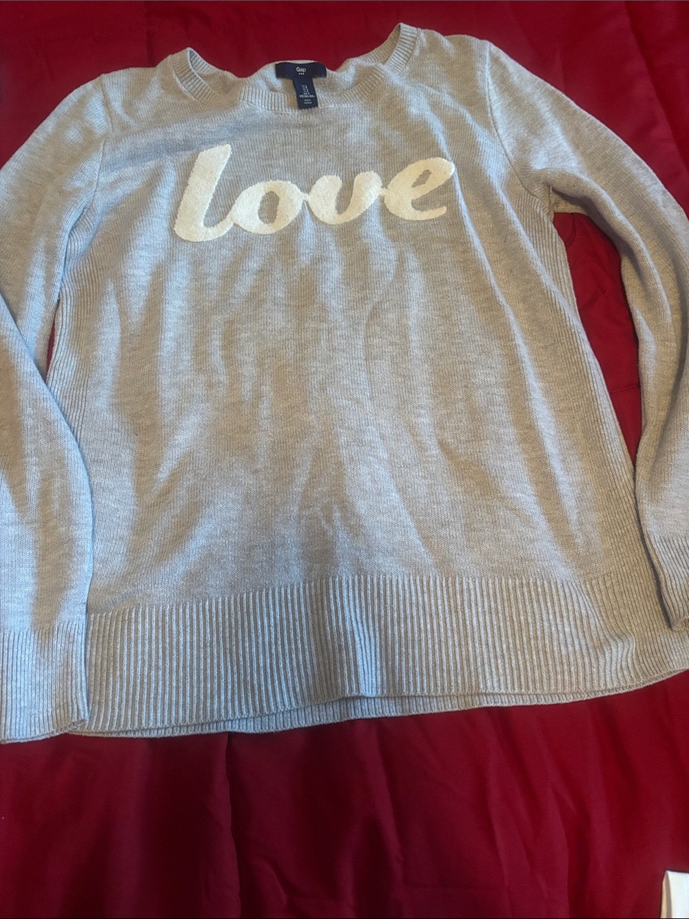 GAP Light Gray Crewneck Sweater with White "Love" Script